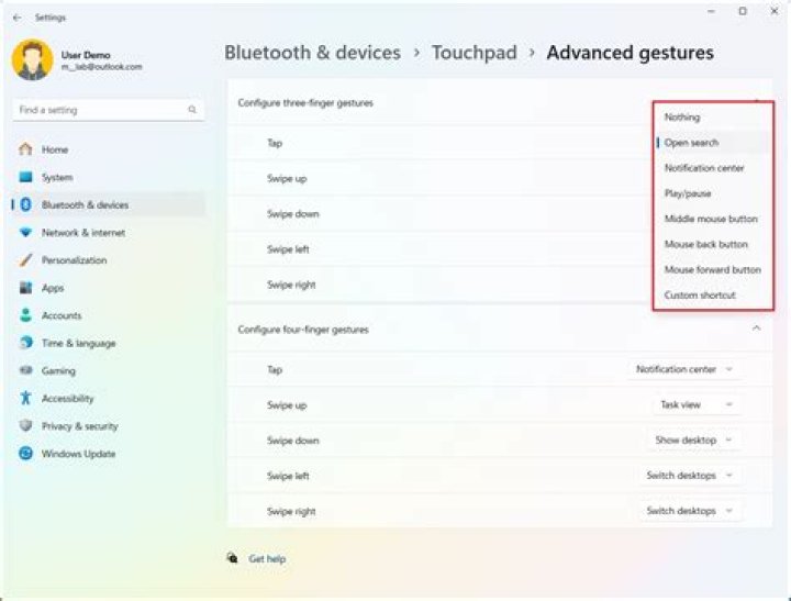 Global gesture settings