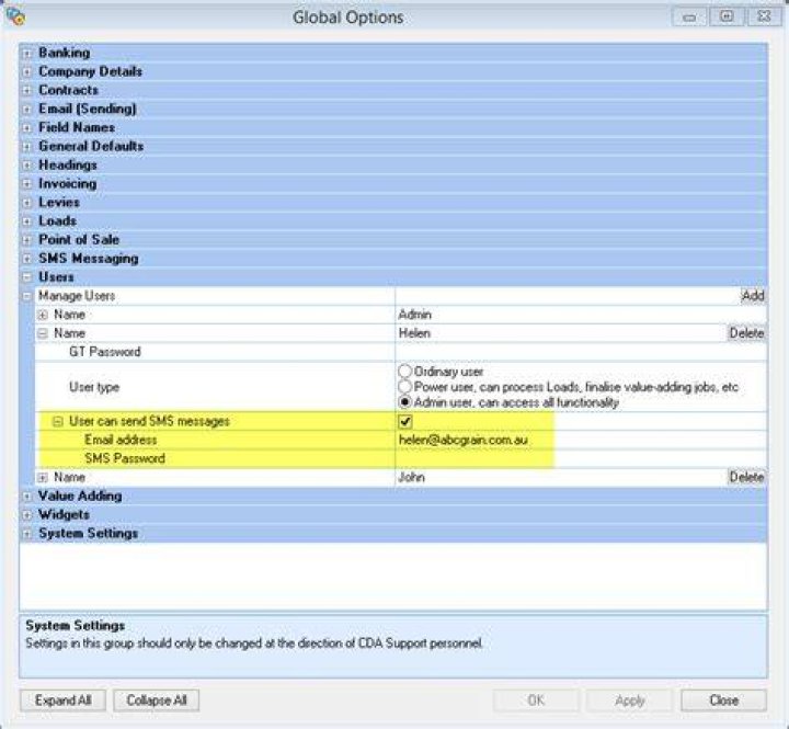 Global Options Window