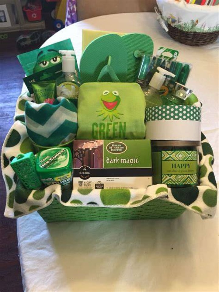 Green basket Themed gift baskets, Green gifts, Christmas gift baskets