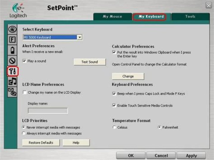 Keyboard Preferences tab