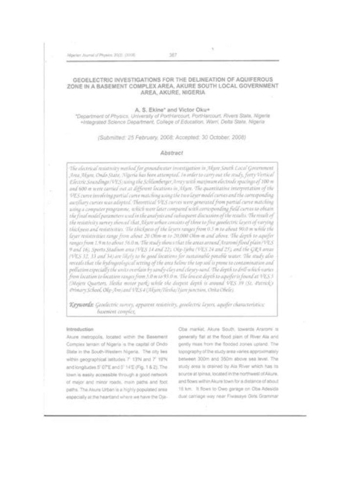 (PDF) Geoelectric Investigations for the Delineation of Aquiferous Zone
