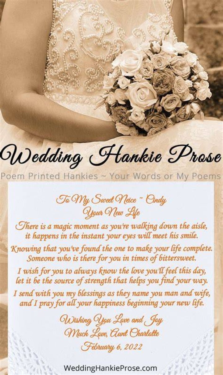 Poem Printed Wedding Hankie for the Bride from Her Aunt "Your New Life