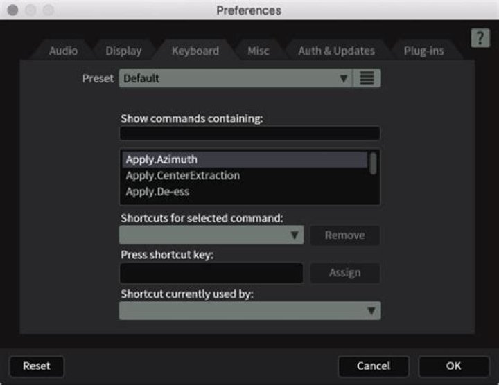 Preferences Keyboard Shortcut tab