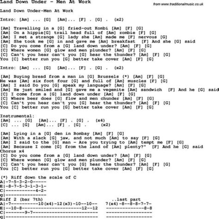 Song Land Down Under by Men At Work, song lyric for vocal performance