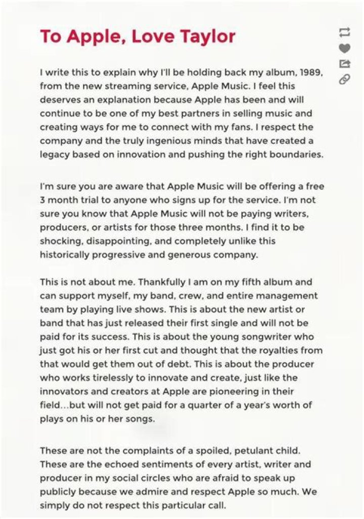 taylor swift apple music letter