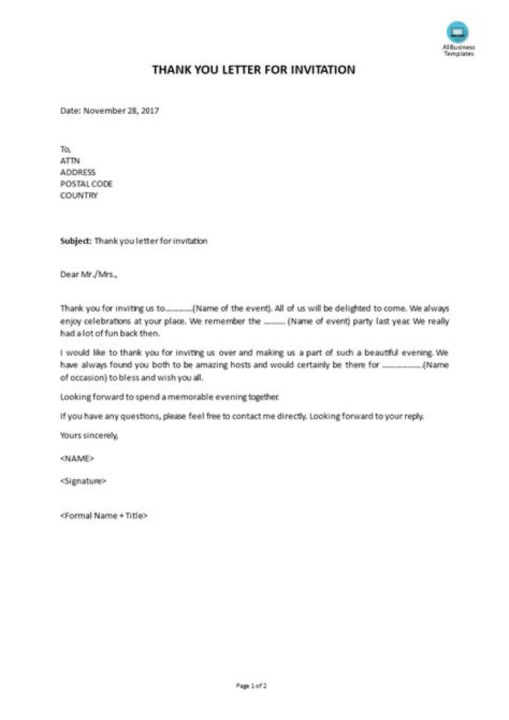 Thank You Letter for Invitation How to, Templates & Examples Mail To