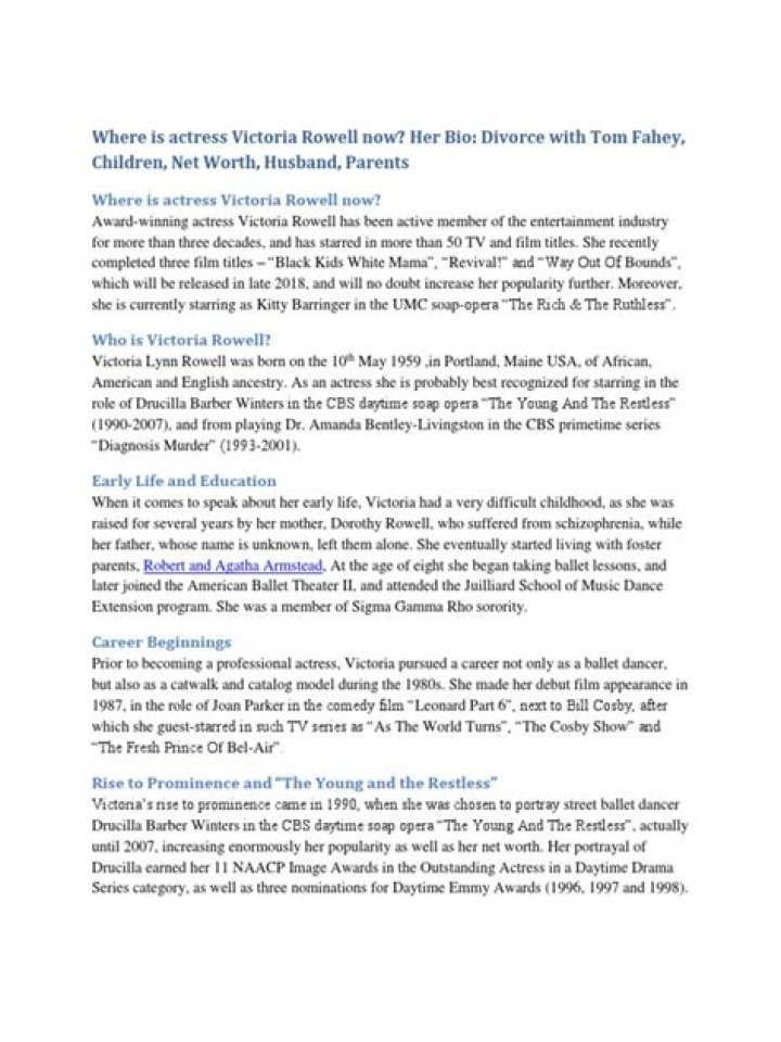 Where is actress Victoria Rowell now? Bio Divorce with Tom Fahey, Kids